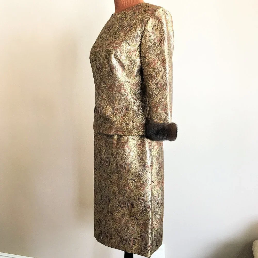 CHETTA B Gold Brocade 2-pc Skirt Set w/Mink Trim - Picture 4 of 16
